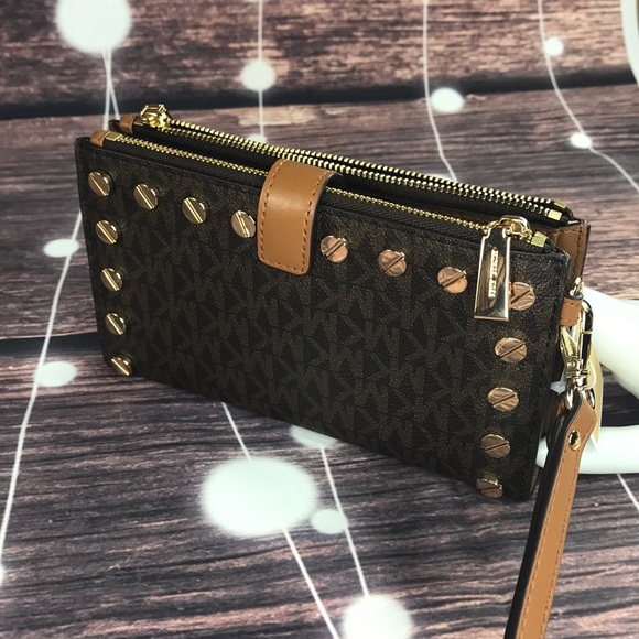 🤎NEW MICHAEL KORS 🤎 BROWN STUDDED DOUBLE ZIP - Picture 7 of 13
